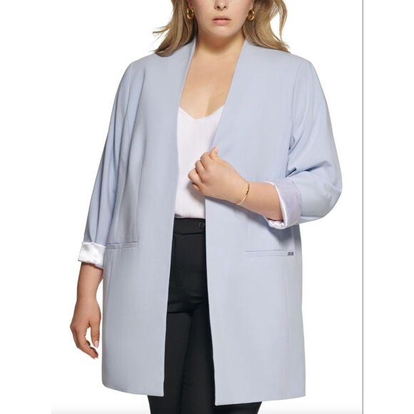 Calvin Klein Womens Plus 22W Light Blue Open Front Blazer Collarless Jacket - Picture 1 of 9